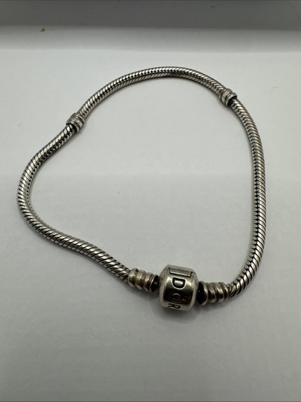 PANDORA 925 ALE STERLING SILVER BARREL CLASP SNAKE CHAIN CHARM BRACELET 7.75”
